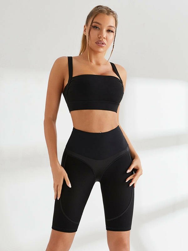 Lumina Vancouver black quick-drying yoga bra and bicycle shorts bundle, lightweight sports bras with matching athletic shorts.