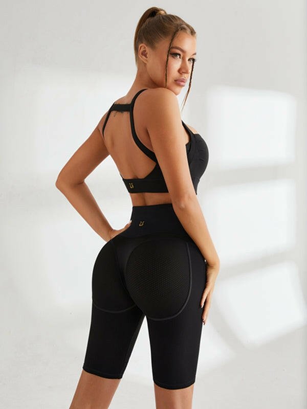 Black Lumina Vancouver sports bra and bicycle shorts bundle, quick-drying yoga bras for active wear, shown in the image.