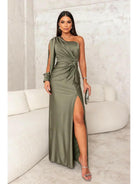 Olive green Becca elegant satin maxi dress by Lumina Vancouver, perfect for wedding guests, shown on a model.