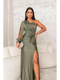 Olive green Becca maxi dress by Lumina Wear featuring elegant satin fabric, worn as a wedding guest outfit.