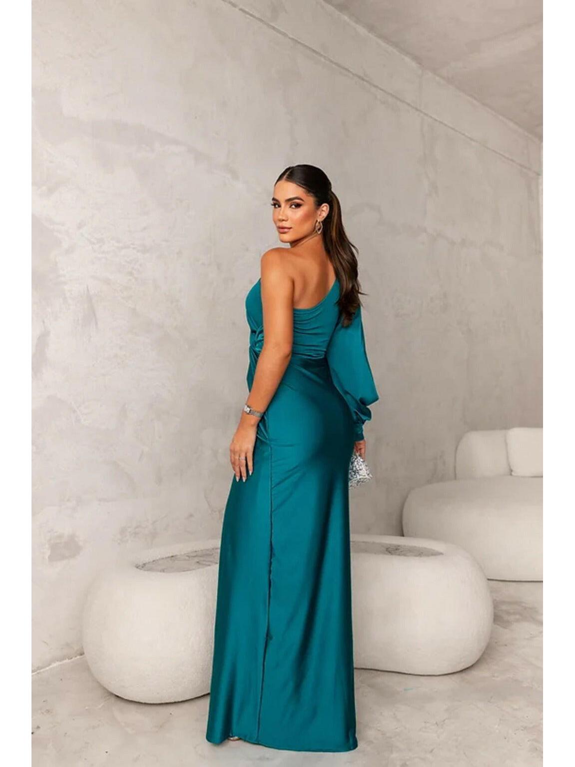 Olive green Becca maxi dress by Lumina Wear featuring elegant satin fabric, suitable for wedding guests and formal occasions.