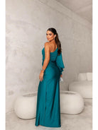 Olive green Becca elegant satin maxi dress for wedding guests by Lumina Vancouver, shown on a model, stylish and flowing fabric.