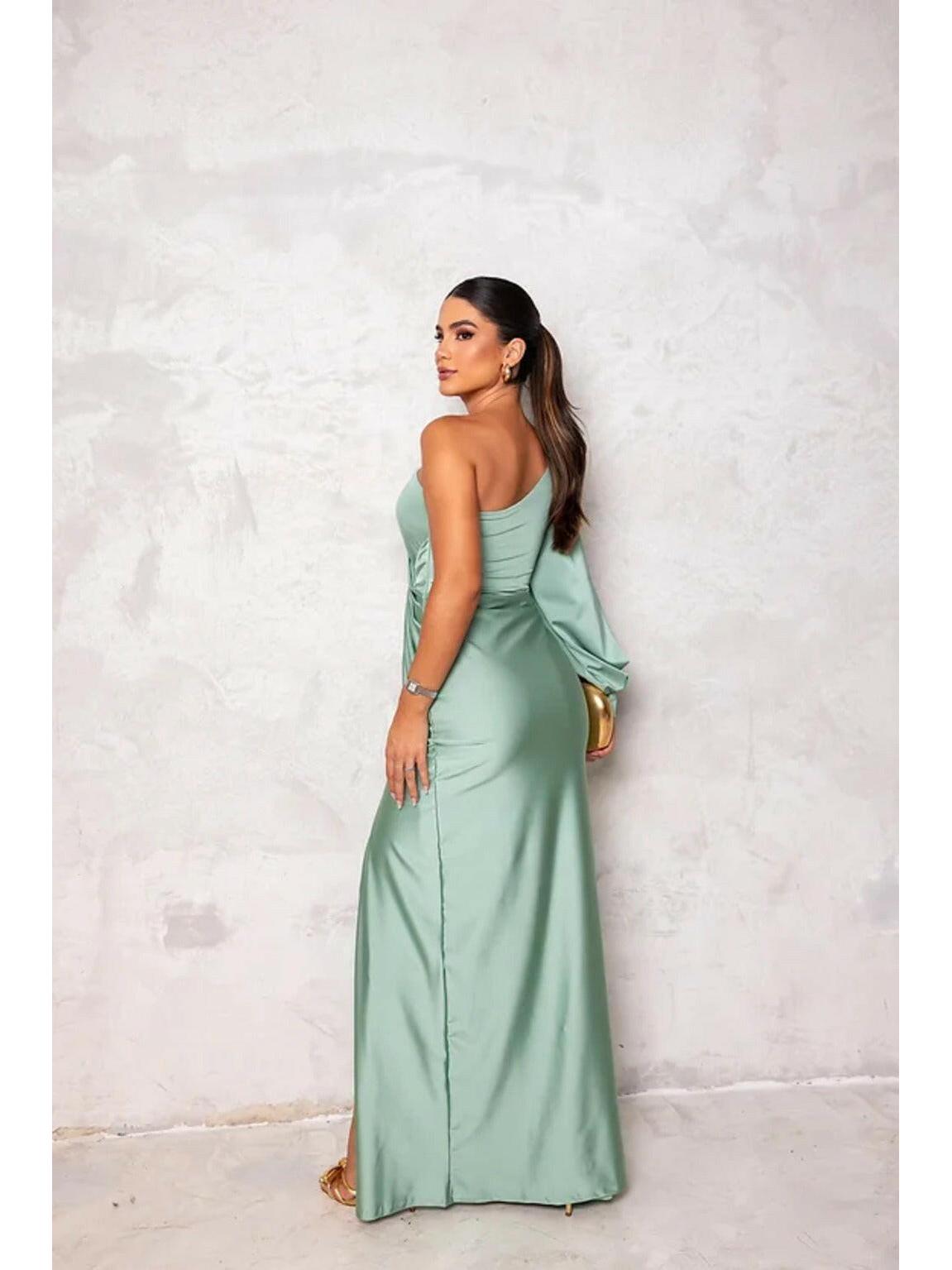 Olive green Becca satin maxi dress by Lumina Wear, elegant evening gown with flowing fabric for wedding guests or formal events