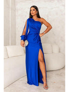 Olive green Becca elegant satin maxi dress by Lumina Vancouver, perfect for wedding guests, showing the flowing fabric and stylish design.