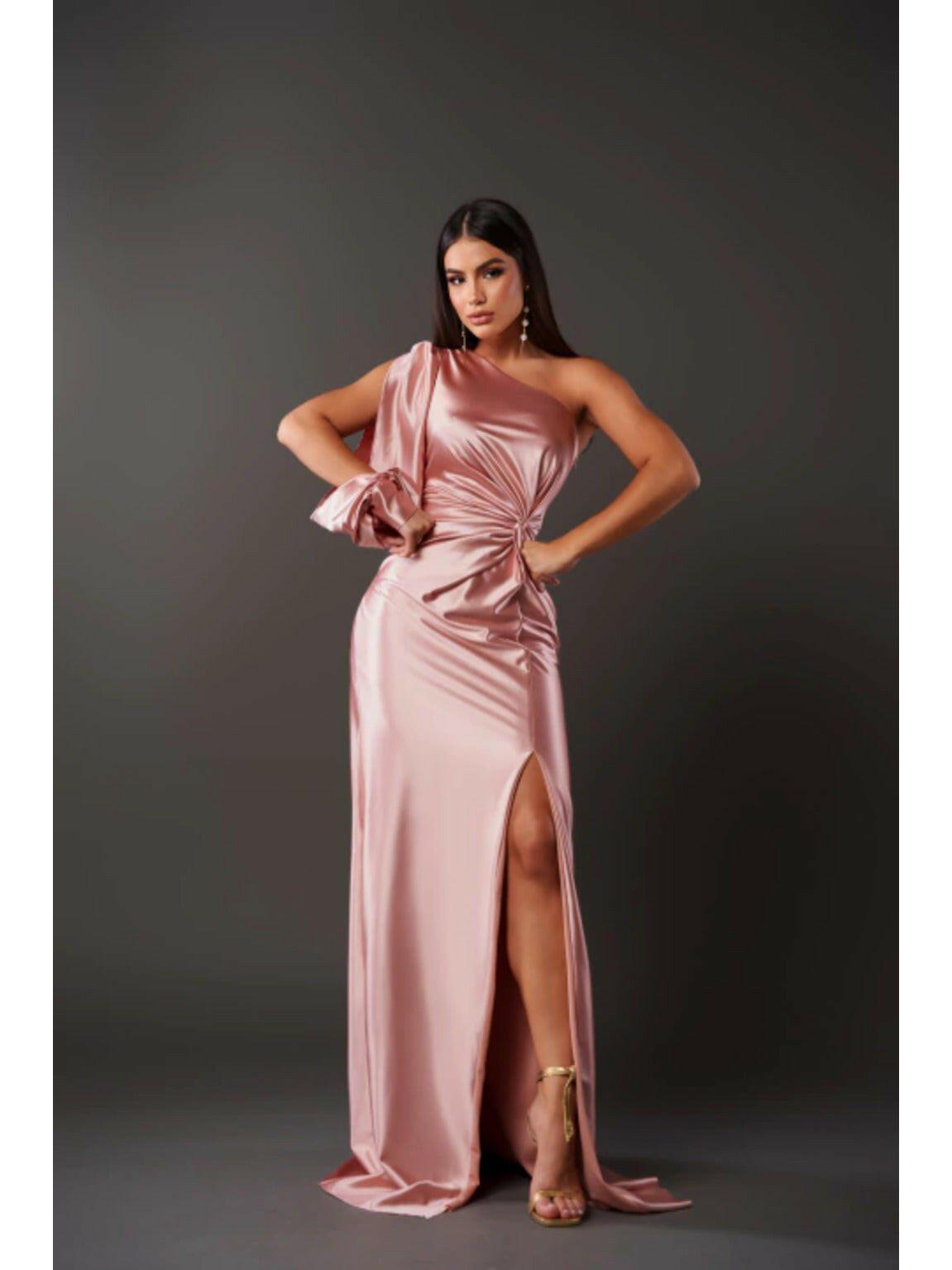 Olive green Becca satin maxi dress by Lumina Vancouver, elegant wedding guest gown with flowing fabric and sophisticated style.