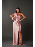Olive green Becca elegant satin maxi dress by Lumina Wear, shown on a model suitable for wedding guest attire.