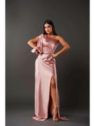 Olive green Becca satin maxi dress by Lumina Vancouver, elegant wedding guest gown with flowing fabric and sophisticated style.