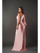 Olive green Becca elegant satin maxi dress by Lumina Vancouver, perfect for wedding guests, showcasing flowing fabric and sophisticated style.