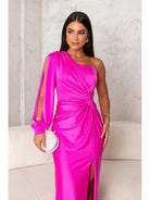 Olive green Becca satin maxi dress by Lumina Vancouver, elegant wedding guest gown with flowing fabric and stylish design.
