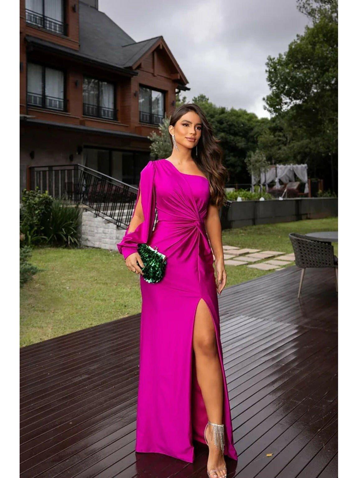 Olive green Becca elegant satin maxi dress by Lumina Vancouver, perfect for wedding guest attire, shown on a model.