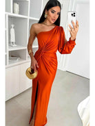 Olive green Becca elegant satin maxi dress by Lumina Vancouver, perfect for wedding guest attire, shown on a model.