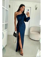 Olive green Becca elegant satin maxi dress by Lumina Vancouver, perfect for wedding guests, shown on a model.