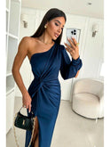 Olive green Becca Lumina Wear elegant satin maxi dress for women, showcasing a flowing, sophisticated design perfect for weddings and events.
