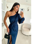 Olive green Becca elegant satin maxi dress for wedding guests, styled by Lumina Vancouver, shown on a model.
