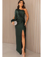 Olive green Becca Lumina Vancouver elegant satin maxi dress for wedding guest, featuring flowing fabric and sophisticated design.