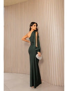 Olive green Becca elegant satin maxi dress for wedding guest from Lumina Vancouver, showcasing flowing fabric and stylish design.