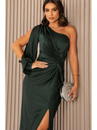 Olive green Becca elegant satin maxi dress by Lumina Vancouver, perfect for wedding guests, shown on a model.