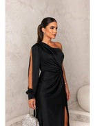 Olive green Becca elegant satin maxi dress for wedding guests by Lumina Vancouver, styled for sophisticated occasions.