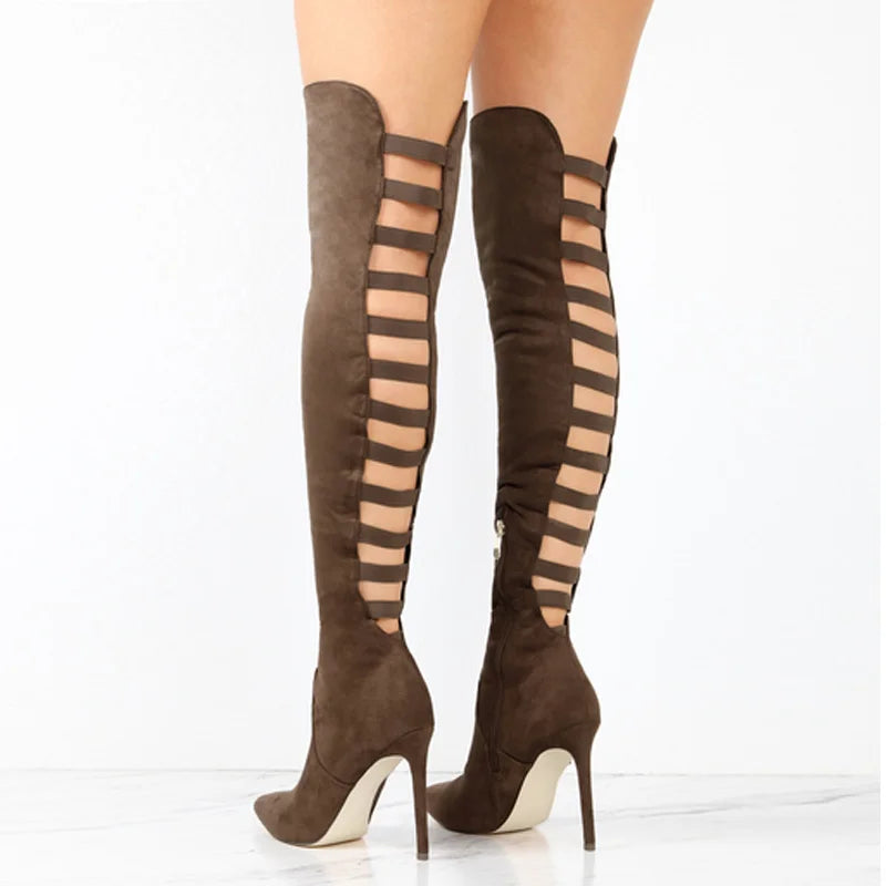 Black high heel boots for women featuring daring cutout design from Lumina Wear, styled with pointed toes and stiletto heels.