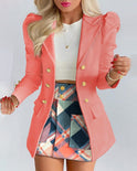 Purple floral blazer and skirt set by Lumina Wear, tailored women’s suit with elegant floral pattern and fitted design.