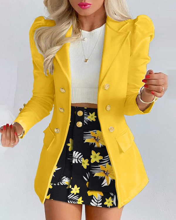 Lumina Wear Bella floral blazer and skirt set for women, tailored fit in purple with a stylish floral pattern.