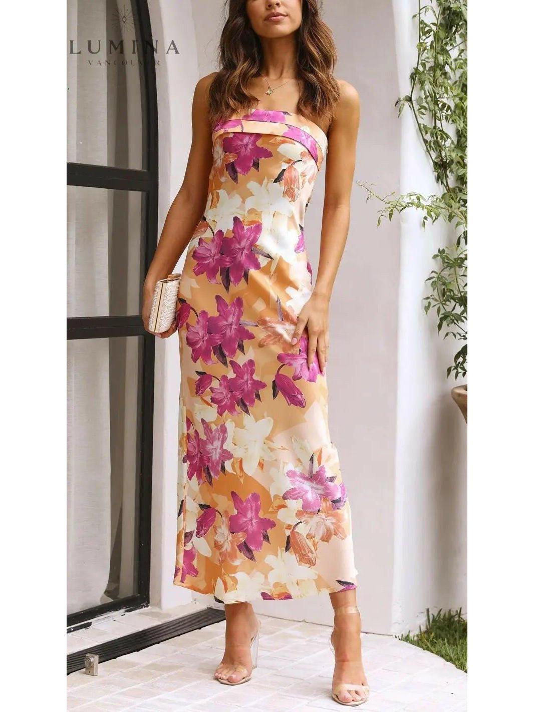 Pink Bellamy sleeveless floral maxi dress by Lumina Vancouver, perfect for wedding guests, shown on a model.