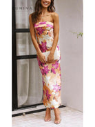 Pink Bellamy sleeveless floral maxi dress by Lumina Vancouver, perfect for wedding guests, shown on a model.