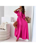 Red Billie Trendy Slit Skirt V-Neck Maxi Dress by Lumina Wear, featuring a stylish slit and V-neck design.