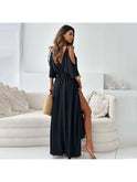 Red Billie V-neck maxi dress with trendy slit skirt by Lumina Wear, shown on a model in a stylish fashion pose.