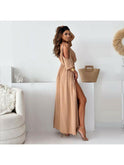 Red Billie V-neck maxi dress with trendy slit skirt by Lumina Wear, featuring a stylish and elegant design perfect for special occasions.