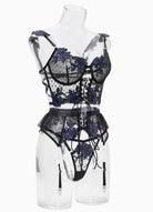 Black and blue floral embroidery ribbon lingerie set, 2-piece by Lumina Vancouver, featuring delicate lace and elegant design.