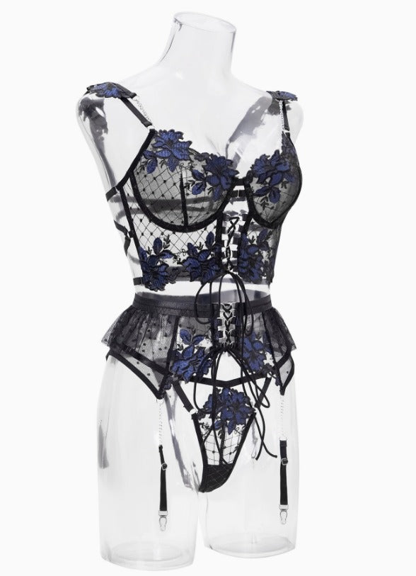 Black and blue floral embroidery ribbon lingerie set, 2-piece by Lumina Vancouver, featuring delicate lace and elegant design.