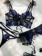 Black and blue lace tie adjustable sculpting body lingerie set, 3-piece set by Lumina Vancouver, featuring delicate lace details.