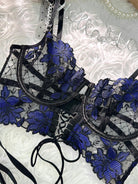 Black and blue lace tie adjustable sculpting body lingerie set, 3-piece set by Lumina Vancouver, featuring intricate lace details.