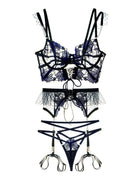 Black and blue lace tie adjustable sculpting body lingerie set, 3-piece set by Lumina Vancouver, featuring intricate lace details.