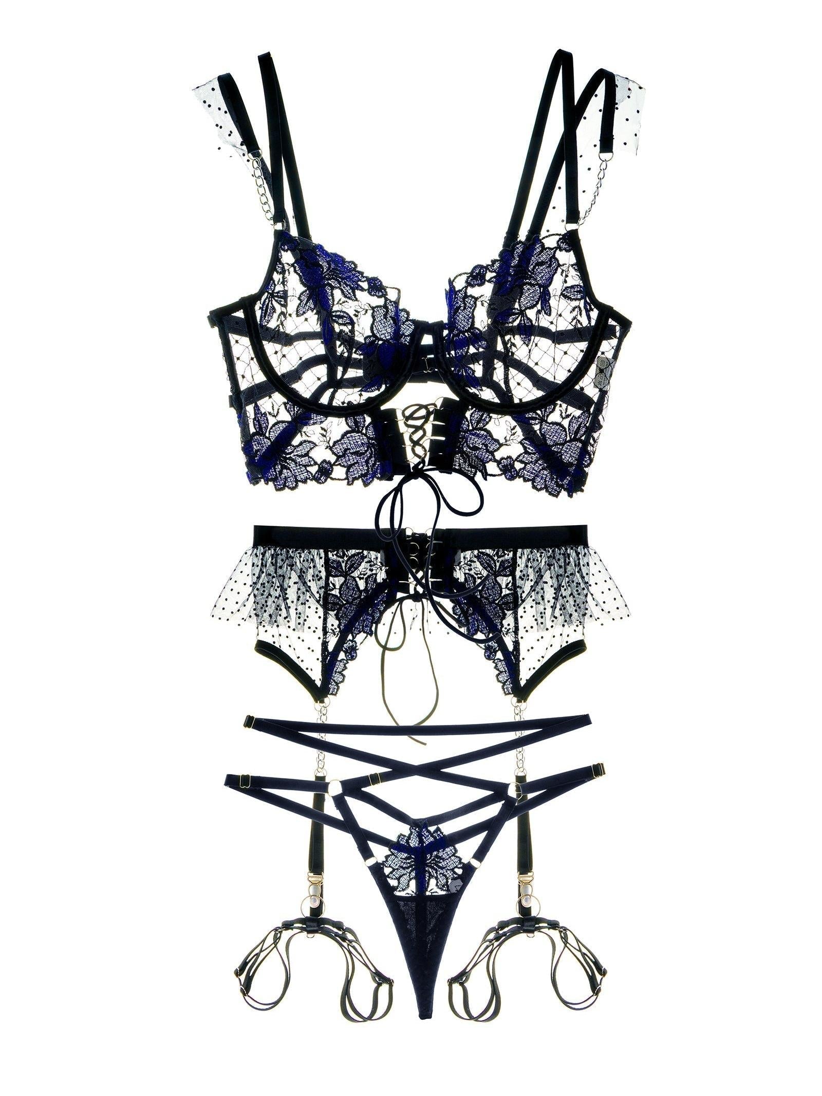 Black and blue lace tie adjustable sculpting body lingerie set, 3-piece set by Lumina Vancouver, featuring intricate lace details.