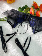 Black and blue lace tie adjustable sculpting body lingerie set, 3-piece set, by Lumina Vancouver, featuring intricate lace details.