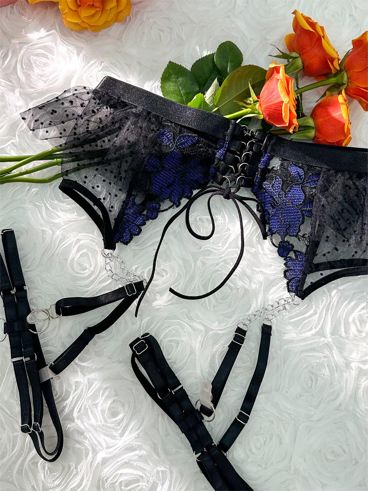 Black and blue lace tie adjustable sculpting body lingerie set, 3-piece set, by Lumina Vancouver, featuring intricate lace details.