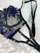 Black and blue lace tie adjustable sculpting body lingerie set, 3-piece set by Lumina Vancouver, featuring intricate lace details and flexible fit.