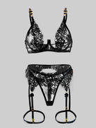 Black embroidered push-up lingerie set by Lumina Vancouver, 3-piece sexy lingerie with padded bras and matching panties.