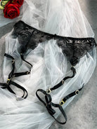 Black embroidered push-up lingerie set with bra, panties, and garter belt in a 3-piece Lumina Vancouver collection.