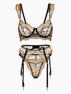 Black and gold luxury lace embroidered lingerie set, 3-piece collection by Lumina Vancouver featuring intricate details and elegant design.