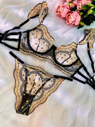 Black and gold luxury lace embroidered lingerie set by Lumina Vancouver, 3-piece set with intricate details and elegant design.