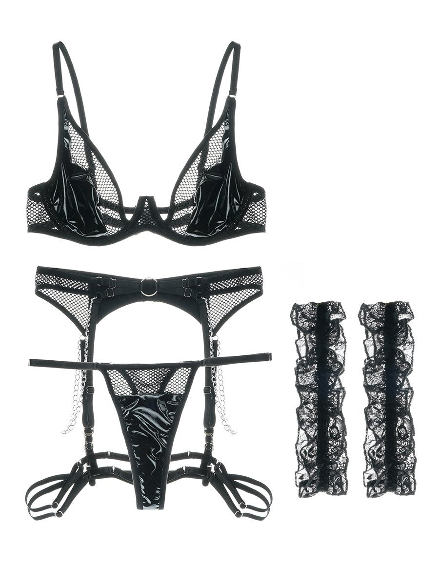 Black leather and mesh lingerie set with hollow design, 3-piece Lumina Vancouver lingerie set shown on a model.