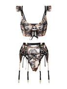 Black and nude ribbon sculpting body lingerie set with three pieces, designed by Lumina Vancouver, featuring elegant lace and shaping details.
