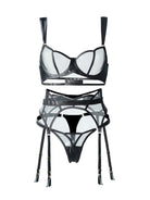 Black see-through mesh lingerie set with push-up bra and matching panties, 3-piece sexy lingerie by Lumina Vancouver.