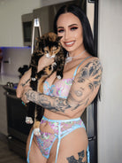 Blue floral embroidery pearl chain lingerie set, 3-piece Lumina Vancouver lingerie with delicate embroidery and elegant pearl details.