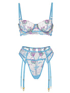 Blue floral embroidery and pearl chain lingerie set, 3-piece collection by Lumina Vancouver, featuring delicate lace and intricate details.