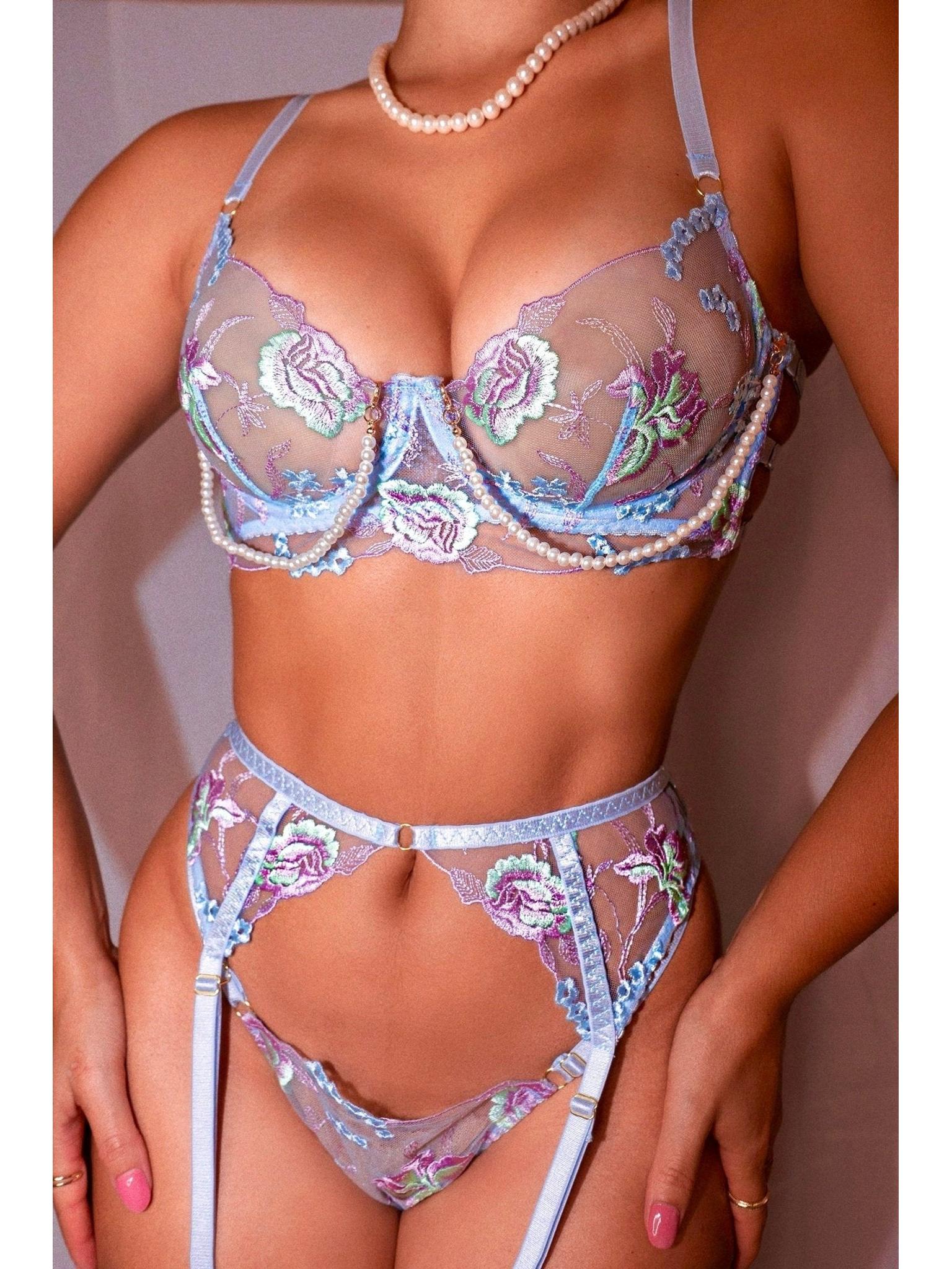 Blue floral embroidery pearl chain lingerie set by Lumina Wear, featuring a delicate 3-piece satin and lace design.