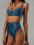 Blue lace satin mesh push-up lingerie set with three pieces from Lumina Vancouver, featuring intricate lace and smooth satin fabric.